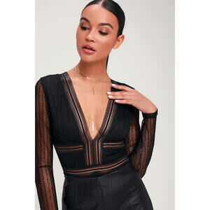 Lulus Casita Black Sheer Lace Long Sleeve Bodysuit - Size M